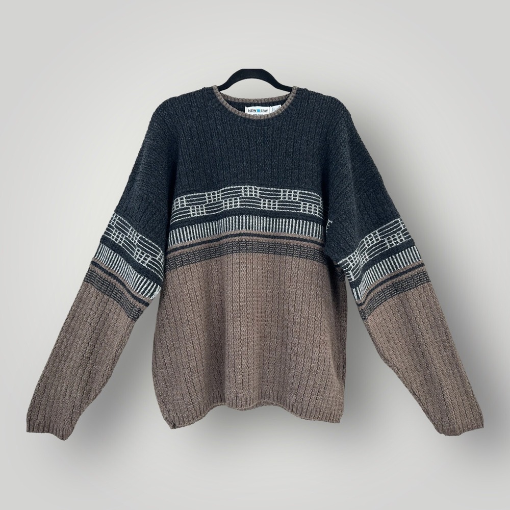 VTG New Era Sweater Mens Large Brown Beige Geometric USA Made Acrylic Wool Knit